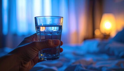 Hand Holding Clear Water Glass With Bubbles In A Dimly Lit Bedroom With Soft Blue Ambient Lighting And Warm Lamp Glow