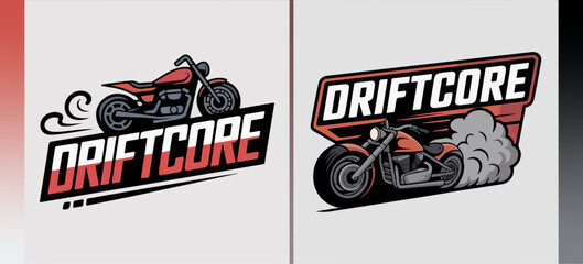 Driftcore motorcycle drift logo set with burnout tire smoke and speed streaks, bold street racing emblem vector for moto clubs, events and apparel branding