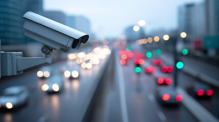 Urban surveillance cameras monitoring city traffic representing modern security and smart city infrastructure.
