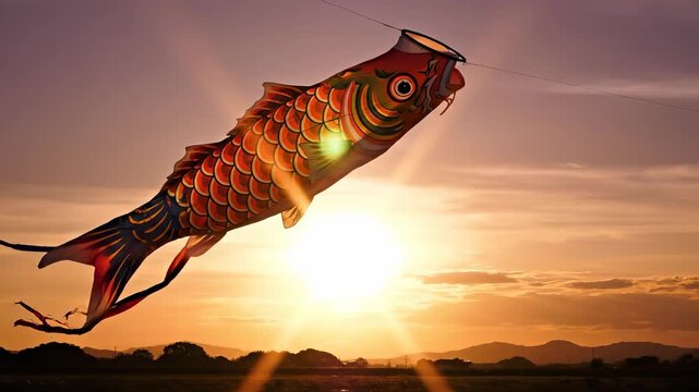 A colorful carp kite soars high against a radiant sunset, showcasing vibrant patterns. The carp kite and sunset create a visually striking scene filled with warmth and beauty.