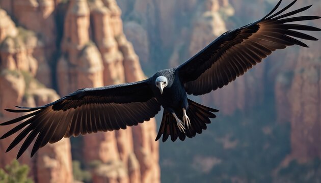 California condor flies above rugged canyon. Large bird glides with wings spread wide. Majestic wild animal soars in open sky over rocky landscape. Nature beauty shown in flight.