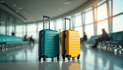 Two wheeled suitcases, one teal and one yellow, stand in an airport terminal. Blurred figures wait on green seats near large windows letting in sunlight, indicating travel. Bags await boarding.