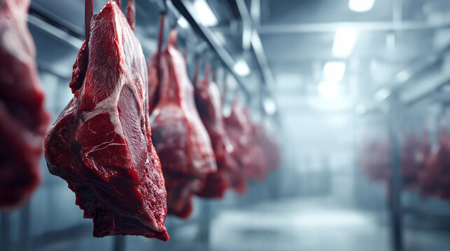 Raw meat carcasses hanging in an industrial cold storage facility representing food processing and meat production.
