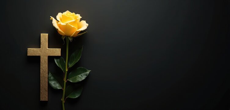 Golden cross and yellow rose on dark background. Elegant religious symbol for memorial, obituary, sympathy card, funeral service, or remembrance.