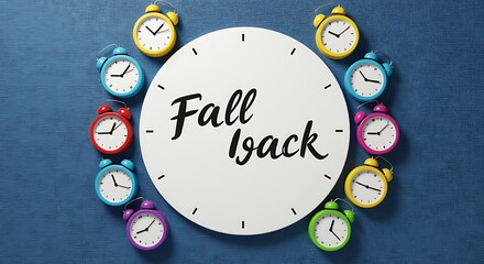 Colorful alarm clocks around a white clock with fall back text on blue background