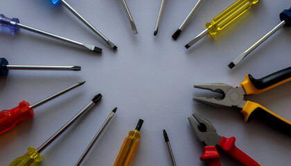 Flat lay of hand tools arranged in a circular frame on a light background. DIY, repair and construction concept with copy space in the center.