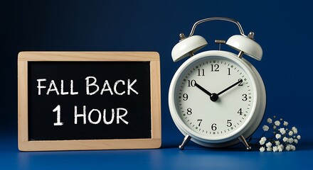 Daylight saving time change reminder with clock and chalkboard  fall back one hour