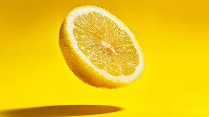 明るいスタジオで半分のレモンが黄色の背景に浮かぶ構図