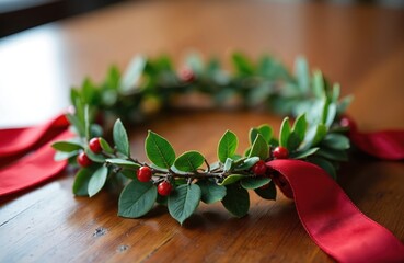 Laurel wreath with red ribbons rests on a wooden table. This symbol of victory and achievement signifies academic success and honor for graduates.
