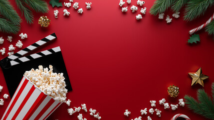 A festive flat lay composition with popcorn, clapperboard and Christmas decorations on a red background symbolizing holiday movie night.
