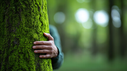 A human hand gently touching a moss-covered tree trunk symbolizing connection with nature and environmental mindfulness.
