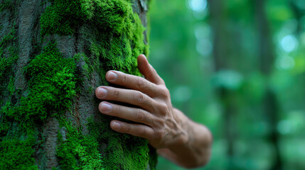 A human hand gently touching a moss-covered tree trunk symbolizing connection with nature and environmental mindfulness.

