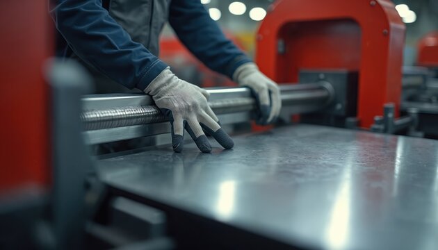Man with gloved hands operates metal sheet bending machine in factory. Worker shapes steel plate using industrial equipment. Precision manufacturing in workshop.