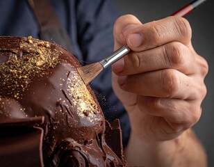 Pastry Chef Carefully Decorating a Rich Dark Chocolate Cake With Gold Dust Using a Small Brush