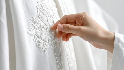 Close Up Of A Woman's Hand Gently Touching Intricate White Floral Embroidery On A White Garment With Soft Natural Lighting