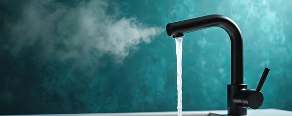 Modern black kitchen faucet dispenses hot water creating steam. Clean water streams down from a contemporary fixture against a teal textured wall. Home utility.