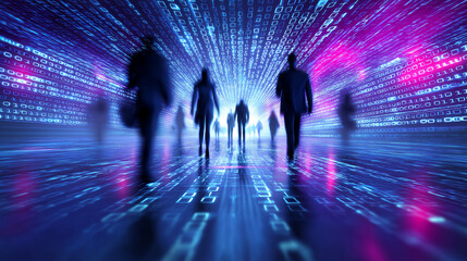 Silhouetted people walking through a futuristic neon tunnel represent digital transformation, virtual reality, and technological future.
