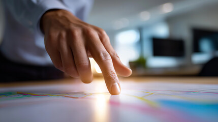 Finger touching illuminated digital chart represents data analysis, strategic planning, and modern decision making.
