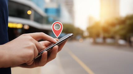 Hand using smartphone with location pin on city street represents mobile navigation and digital location services.
