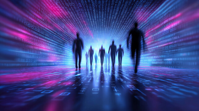Silhouetted people walking through a futuristic neon tunnel represent digital transformation, virtual reality, and technological future.
 - Powered by Adobe