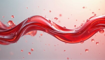 Flowing liquid red blood cells in motion within a narrow capillary tube. Microscopic view showcases tiny droplets and a smooth, wavy fluid stream. Futuristic science abstract.