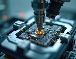 Precision robotic arm calibrates intricate electronic circuit board. Tiny probe touches board surface. Automation verifies system functionality, advanced tech works on chip. Microchip manufacturing