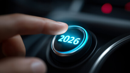 Finger pressing illuminated 2026 button on modern dashboard represents future planning and New Year transition.
