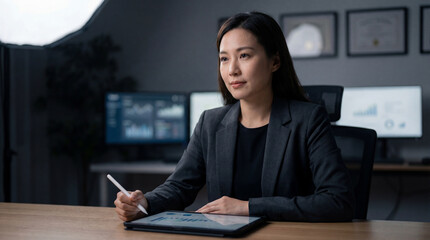 Asian Female Tech Executive Analyzing Financial Growth Charts on Digital Tablet