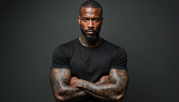 Muscular black man with full sleeve tattoos wears plain black t-shirt. He poses arms crossed against dark background. Ideal for fashion or apparel mockups.