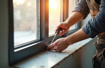 Worker installs aluminum window screen frame using screwdriver on construction site. Man fixes mesh on new building window, daytime work, close-up detail.