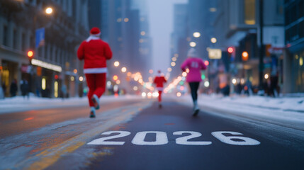 People dressed as Santa Claus running through a snowy city street symbolize festive celebration, winter fun, and Christmas spirit.
