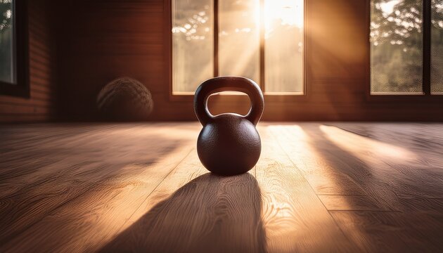 a kettlebell rests on the wooden floor illuminated by soft sunlight from the window - Powered by Adobe