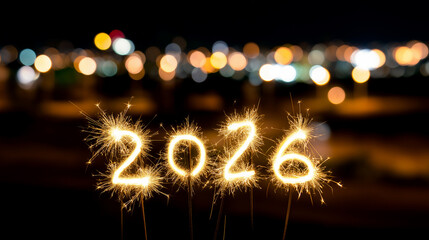 Sparkling 2026 numbers created with sparklers symbolize New Year celebration, future vision, and festive countdown.
