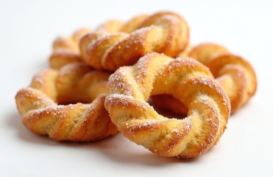 Golden torcetti biscuits are dusted with sugar. Delicate twisted pastries piled together on a white background. These sweet treats are perfect for breakfast or as a snack.