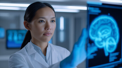 Female scientist interacting with digital interface represents innovation, data analysis, and advanced medical research.
