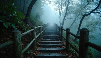 Misty stone steps lead up through a foggy forest with wooden railings. Green leaves and fallen brown leaves cover the ground. Tall trees fade into the dense fog creating a mysterious atmosphere.