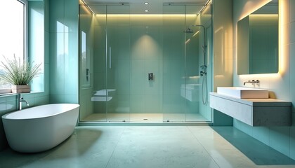 Modern bathroom with standalone tub and glass shower enclosure. Features floating vanity with rectangular sink and backlit mirror. Minimalist clean design.