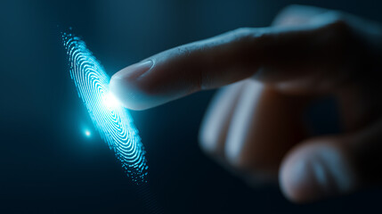 Human finger touching glowing digital interface symbolizes biometric technology and futuristic user interaction.
