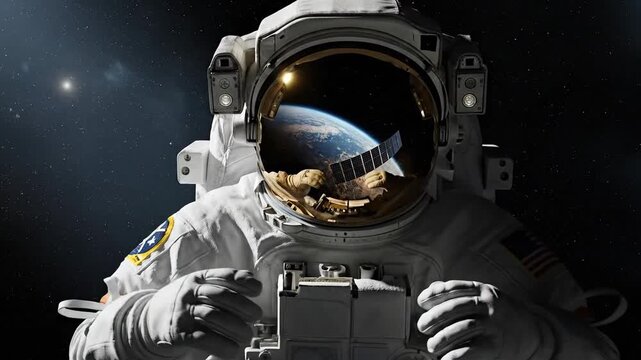 Astronaut floating in dark space reflects Earth and solar panel in visor