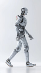 Humanoid robot running forward symbolizes agility, artificial intelligence, and advanced robotics technology.
