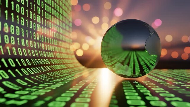A reflective globe rests on a digital surface filled with binary code, illuminated by soft light. The globe and binary code create a vivid representation of technology and connection.