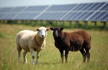 Obraz premium Two sheep graze in green grass pasture. Solar panels stand in background under blue sky. Agrivoltaics is farming and renewable energy, sustainable farming.