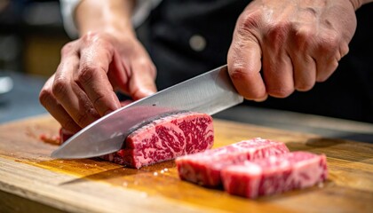 Skilled Chef Slices Marbled Raw Beef Steaks On Wooden Cutting Board With Sharp Knife Salt Seasoning Preparation For Grilling Or Cooking Delicious Gourmet Meal