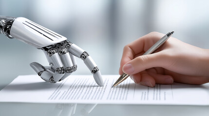Robotic AI hand guiding a human hand to sign a legal document symbolizing control and automation.

