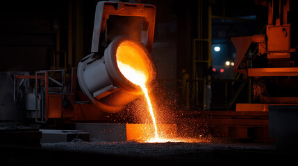 Molten metal being poured in an industrial foundry symbolizing heavy industry and manufacturing.
