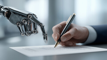Robotic AI hand guiding a human hand to sign a legal document symbolizing control and automation.
