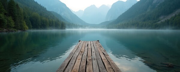 Wooden pier juts into calm lake water with misty forest slopes and distant mountains. Sunrise or sunset paints a peaceful natural landscape ideal for travel inspiration and serene retreats.