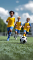 Obraz premium Children playing football on a sunny field representing teamwork and active lifestyle. 