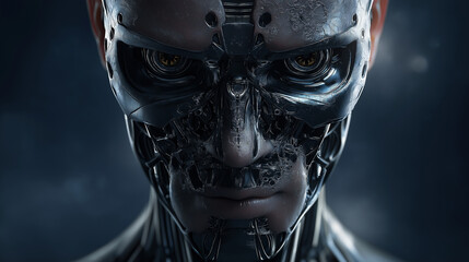 Dark futuristic humanoid robot face with metallic details and glowing eyes.
