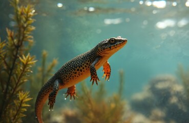 Fototapeta premium Male smooth newt swims underwater near aquatic plants in shallow lagoon. Amphibian has dark spotted skin, orange belly. Animal hunts insects in clear fresh water.